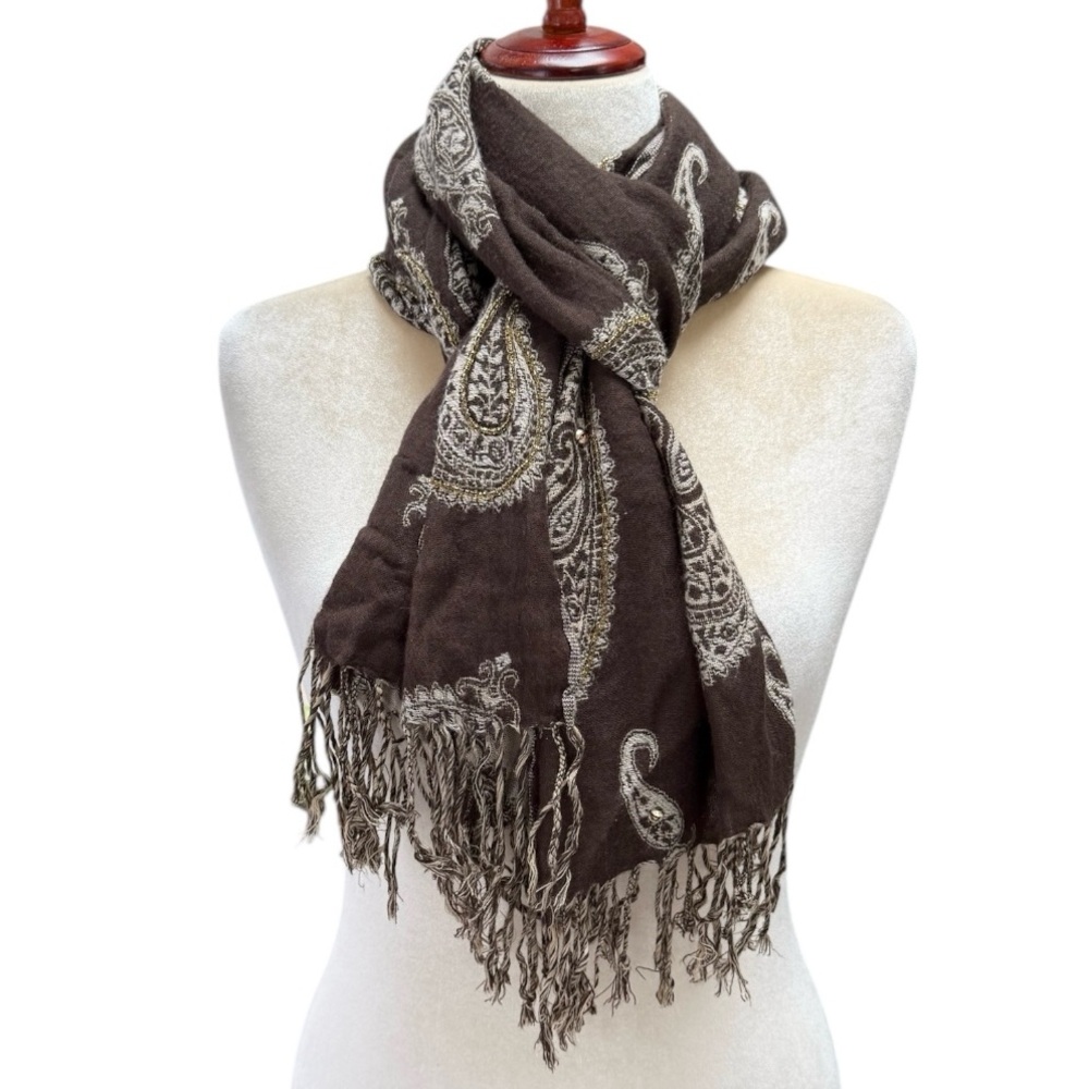 Women’s Large Tan Brown Paisley Soft Knit Blanket Scarf Wrap Beaded 18” X 64”